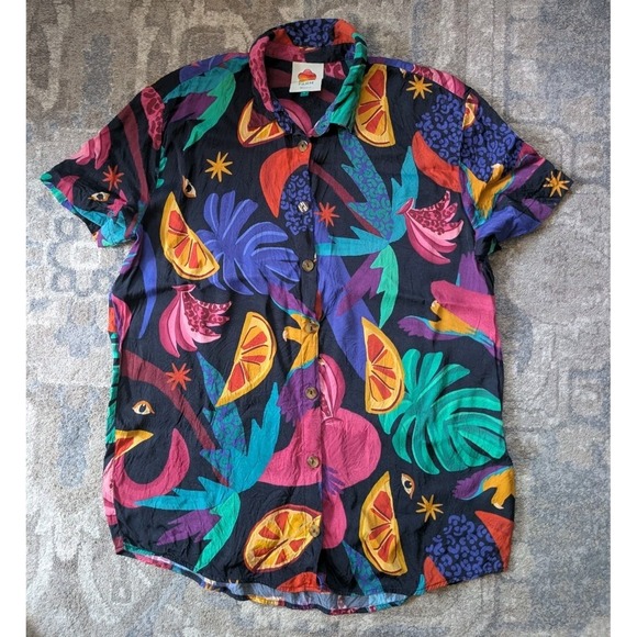 Farm Rio Size L Mystic Jungle Shirt Short Sleeve Fruit Tropical Colorful Surf - Picture 1 of 11